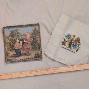 Vintage Embroidered Floral Panel and Victorian Scene